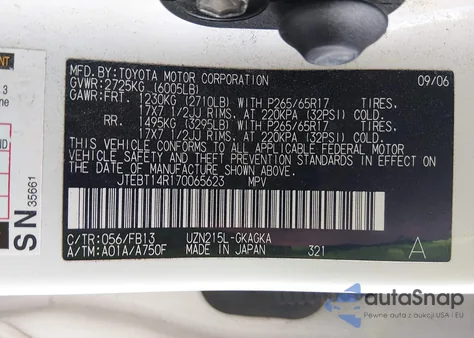 2007 Toyota 4Runner Sport V8 z USA, uszkodzony, nr VIN JTEBT14R170065623